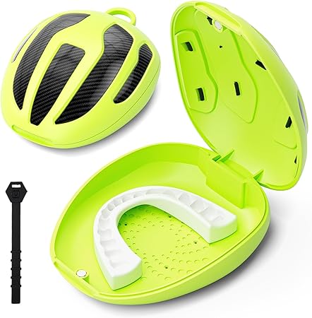BVN Mouthguard Case Sports, Adult & Youth Sizes Universal Storage for Mouthguard, with Silicone Lanyard, Green+Carbon Fiber Coating.