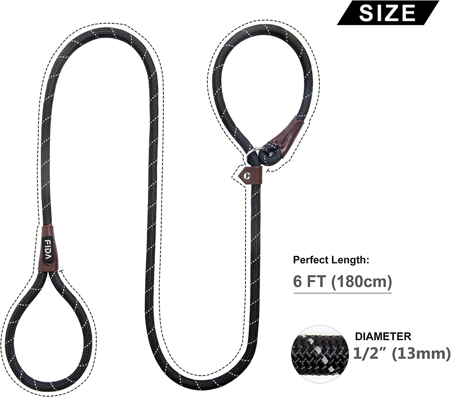 Fida Durable Slip Lead Dog Leash, 6 FT x 1/2" Heavy Duty Dog Loop Leash, Comfortable Strong Rope Slip Leash for Large, Medium Dogs, No Pull Pet Training Leash with Highly Reflective, Black