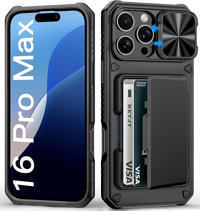 for iPhone 16 Pro Max Case Wallet, Built-in Card Holder (4-5 Cards), Slide Lens Cover, Military Drop Protection, Rugged Heavy Duty Men Women Protective Phone Case for iPhone 16 Pro Max, Black