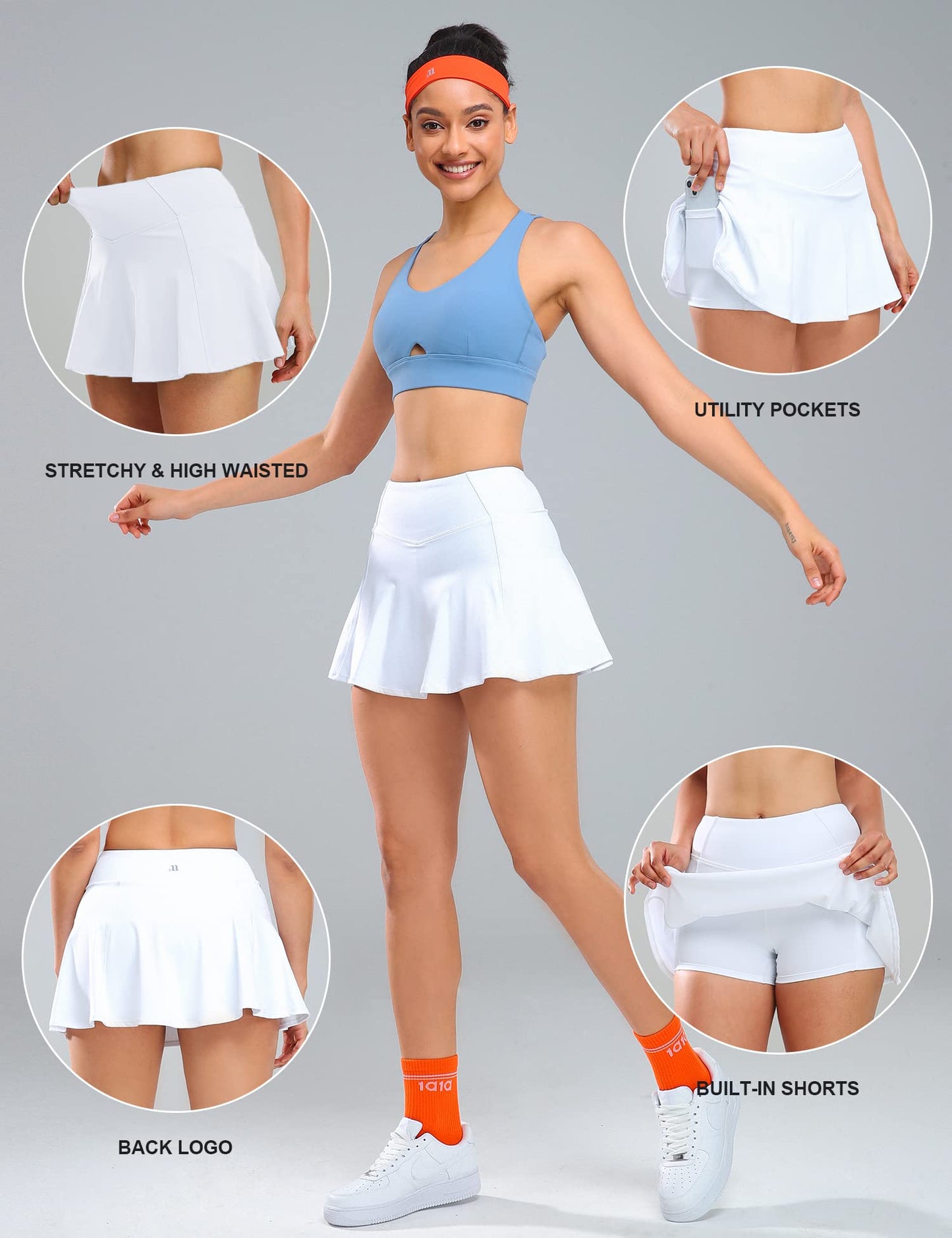 1a1a Women’s Golf Skirt with Pockets Inner Shorts High Waist Moisture Wicking White Small