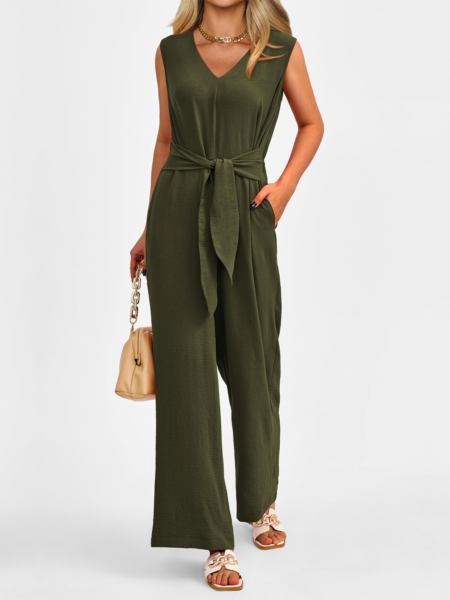 PRETTYGARDEN Summer Outfits 2024 Wide Leg Jumpsuits for Women Casual V Neck Sleeveless Belted High Waist Long Pants Rompers(Army Green,Small)