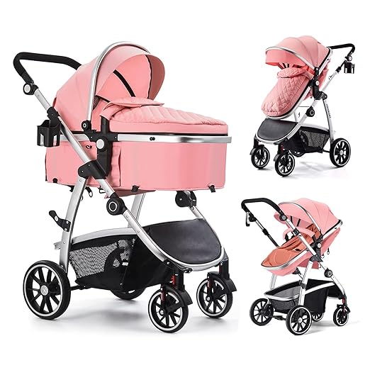 Baby Stroller, 2-in-1 Reversible Stroller with Bassinet Mode, Foldable Infant Stroller with Canopy, One Button Brake, Adjustable Handle, Newborn Stroller (Pink)