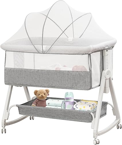 Baby Bassinet Bedside Sleeper for Baby, Bedside Bassinet with Wheels and Storage Basket, All Mesh Portable Bassinet for Newborn, 6 Height Adjustable Easy to Assemble Bedside Crib(Upgrade Grey)