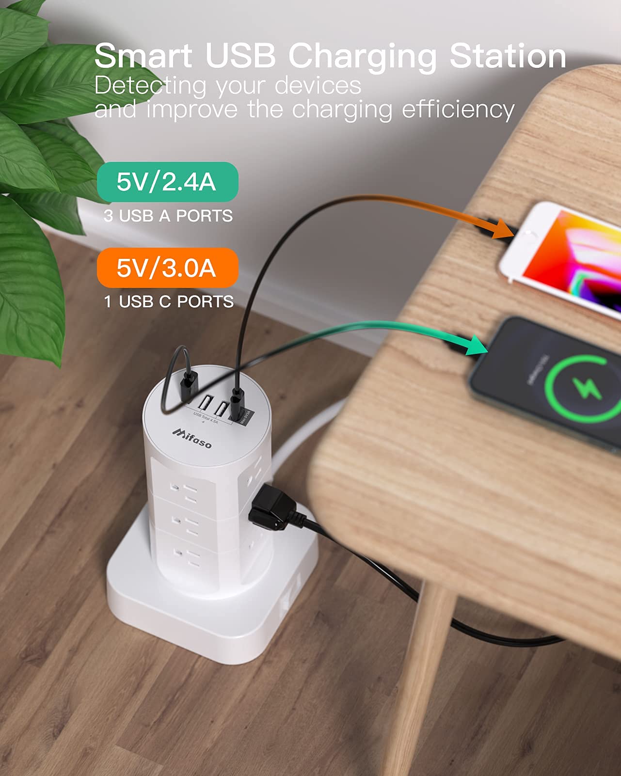 Surge Protector Power Strip Tower, 12 Widely Outlets 4 USB Ports (1 USB C) 6ft