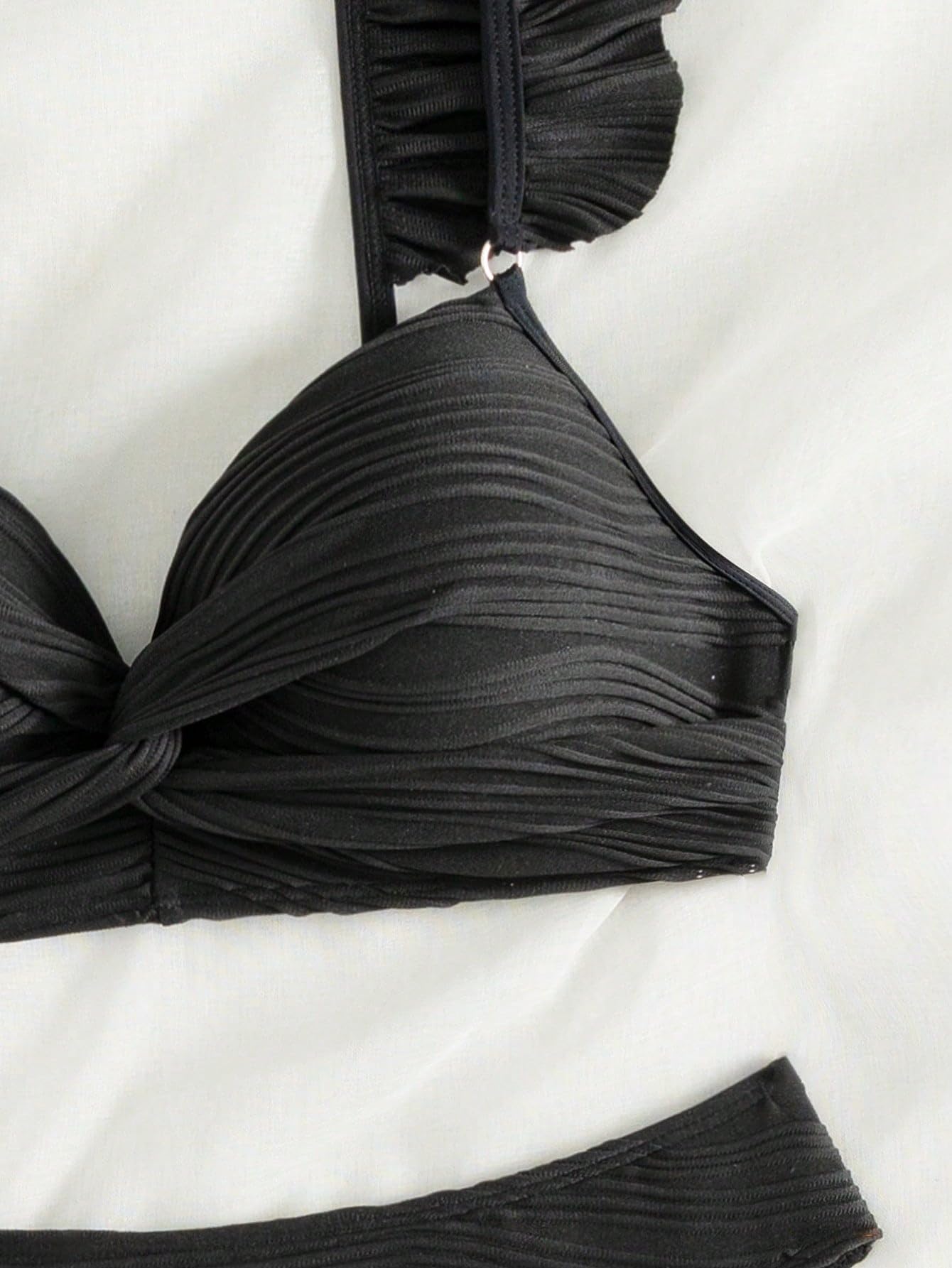 MakeMeChic Women's 2 Piece Bikini Set Ruffle Trim Push Up High Cut Bathing Suit Swimsuit Black S