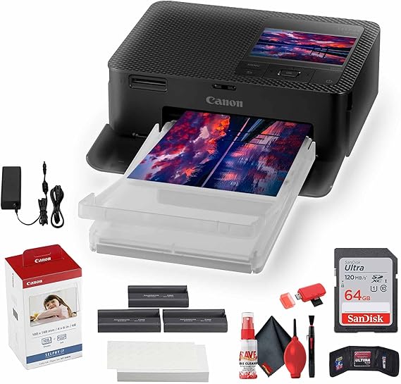 Canon SELPHY CP1500 Compact Photo Printer (Black) (5539C001) KP-108IN Color Ink and Paper Set + 64GB Ultra Memory Card + Cleaning Kit + Memory Card Wallet + Card Reader
