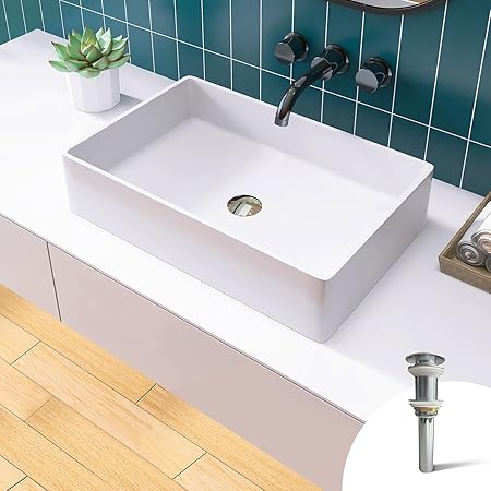 21'' Bathroom Sink Rectangle Matte Resin Stone Solid Surface Modern Bathroom Vanity Countertop Above Counter Vessel Sinks for bathroom with Pop-up drain_„_