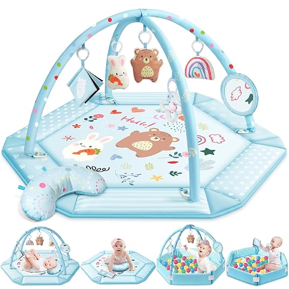 Baby Gym Play Mat, 8-in-1 Tummy Time Mat & Ball Pit with 6 Toys, Washable Baby Activity Mat for Visual, Hearing, Sensory, Motor Development, Baby Gift for Newborn Infant 0-3-6-9-12 Months (Blue)