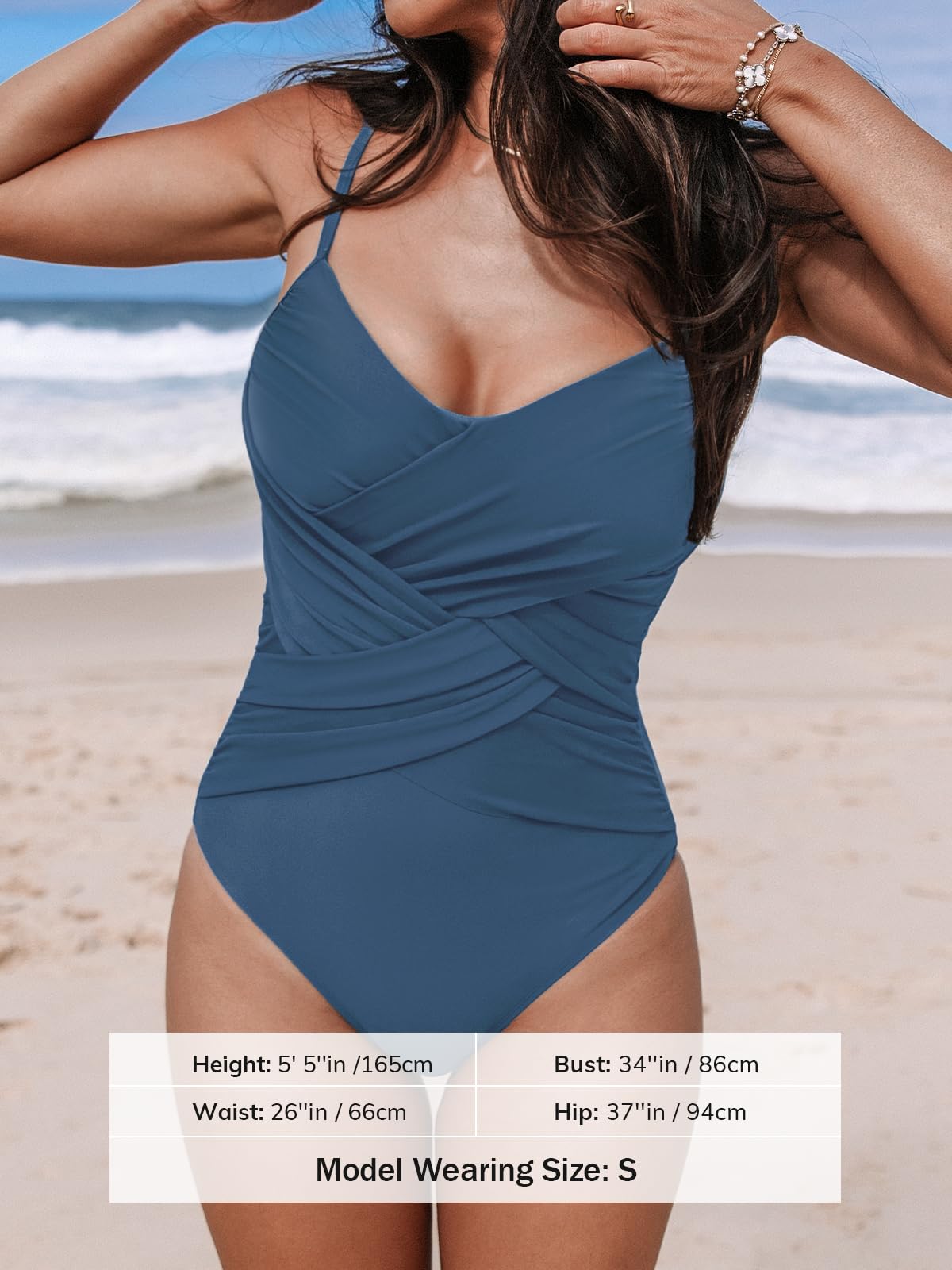 CUPSHE Women's One Piece Swimsuit V Neck Bathing Suit Tummy Control Back Hook Cutout Adjustable Straps, M Navy Blue