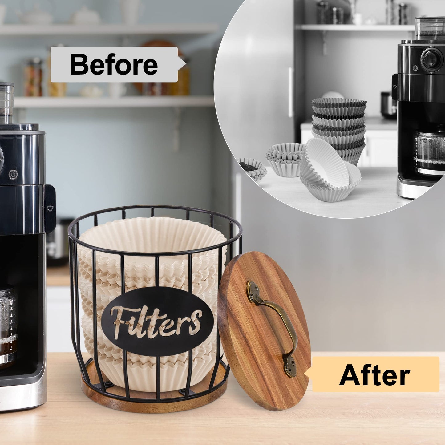 Rustic Coffee Filter Holder with Lid, Acacia Coffee Filter Holder Storage Conta