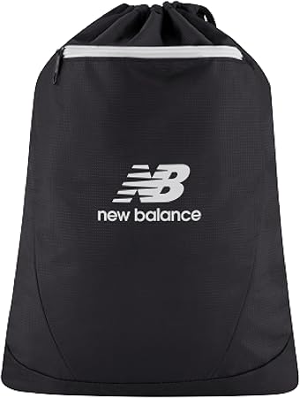 New Balance Drawstring Backpack, Small Gym Travel Bag with Front Zip Pocket, Sports Cinch Sack for Men and Women, Black, 17.5 Inch