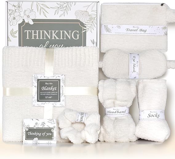 JOOJA Birthday Get Well Soon Cozy Gift Basket Care Package for Women with Blanket, Fuzzy Socks, Eye Mask, Headband Cozy Essentials - White