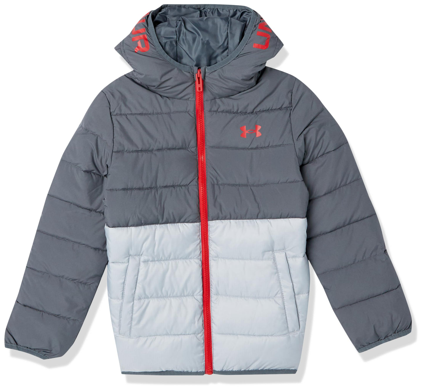 Under Armour Boys' Pronto Puffer Jacket, Mid-Weight, Zip Up Closure, Repels Water, Pitch Gray Colorblock, Large