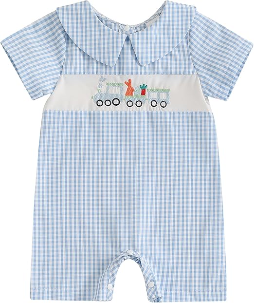 Infant Baby Boy Easter Clothes Outfit Bunny Carrot Embroidery Collared Short Sleeve Romper Jumpsuit