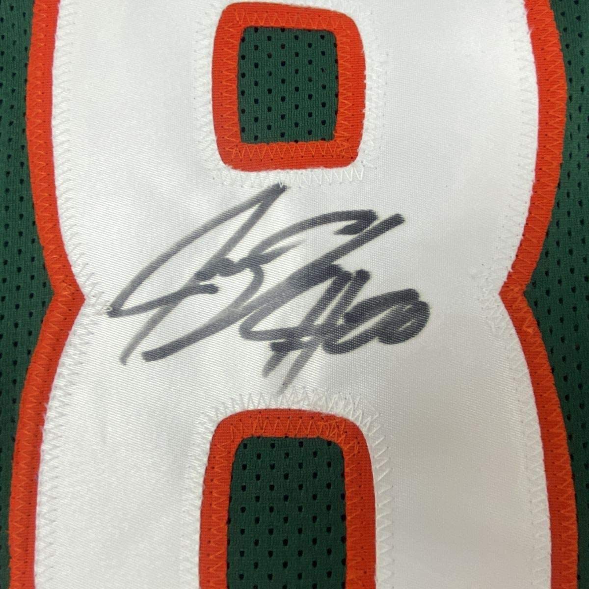 Framed Autographed/Signed Jeremy Shockey 35x39 Miami Green College Football Jersey JSA COA