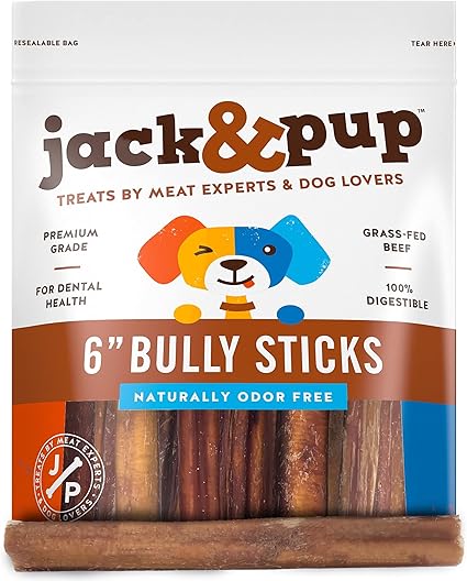 Jack&Pup 6-inch Bully Sticks for Medium Dogs (25 Pack) All Natural Beef Pizzle, Long Lasting Dog Treats, Odor Free
