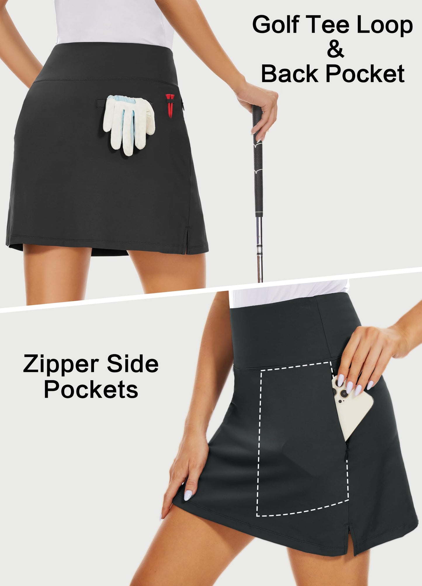 MIVEI 16" Golf Skorts Skirts for Women High Waisted Stretch Athletic Tennis Travel Casual Running with Zipper Pockets UPF50+ Black