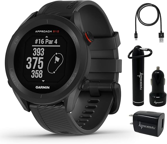 Wearable4U - Garmin Approach S12 Premium GPS Golf Watch, Black with Power Pack Bundle