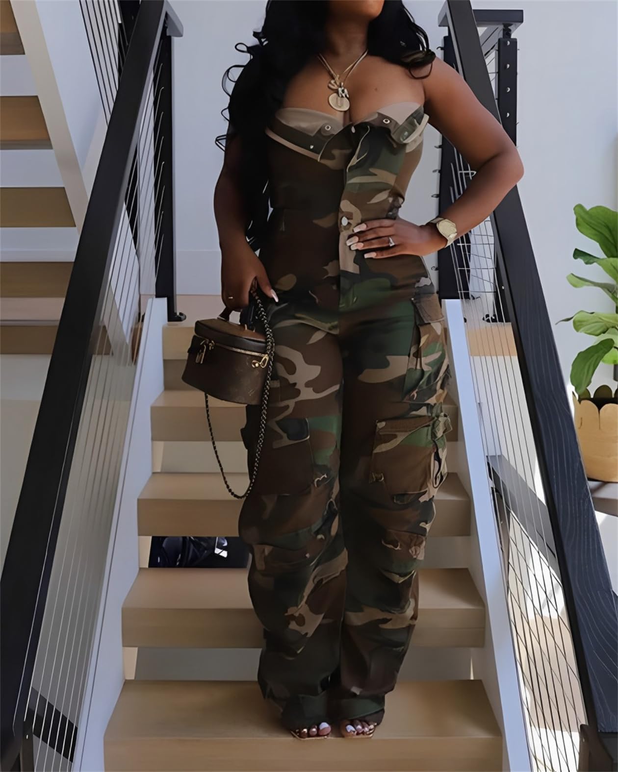 Voghtic Womens Camo Cargo Denim Jumpsuit Off Shoulder Sleeveless Loose Baggy Wide Leg Camouflage Rompers Overalls