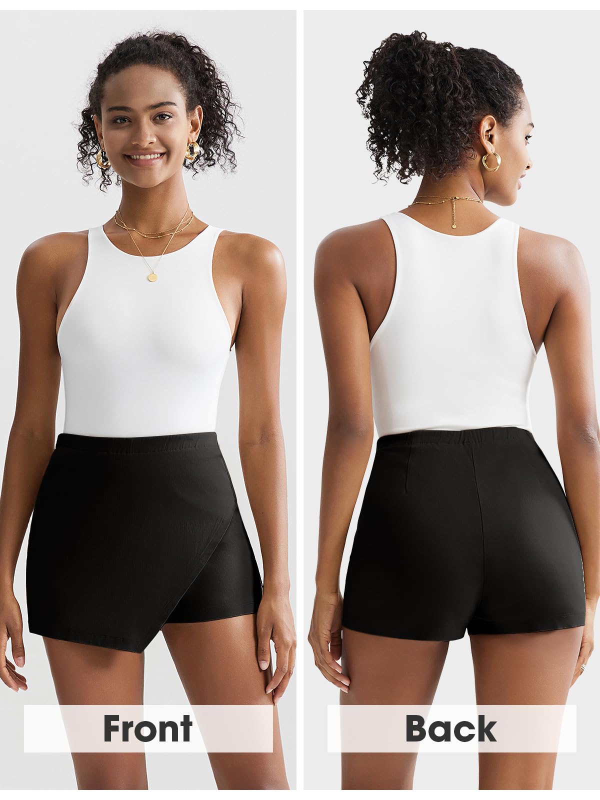 EXLURA Women's High Elastic Waist Bodycon Asymmetrical Skorts Short Mini Skirt with Shorts Black