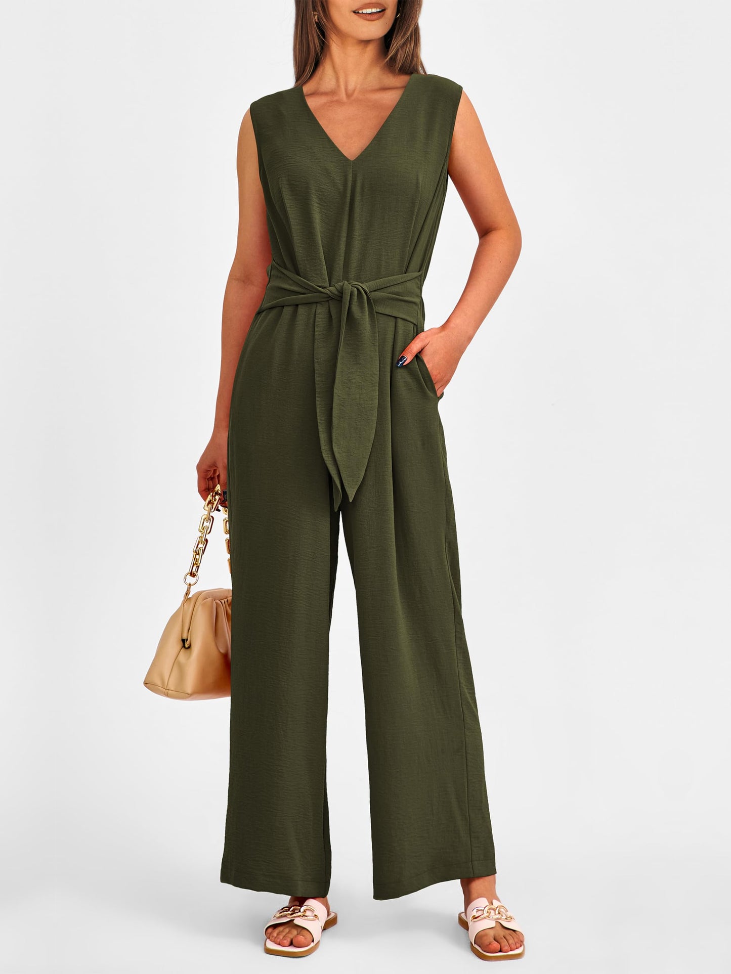 PRETTYGARDEN Summer Outfits 2024 Wide Leg Jumpsuits for Women Casual V Neck Sleeveless Belted High Waist Long Pants Rompers(Army Green,Small)