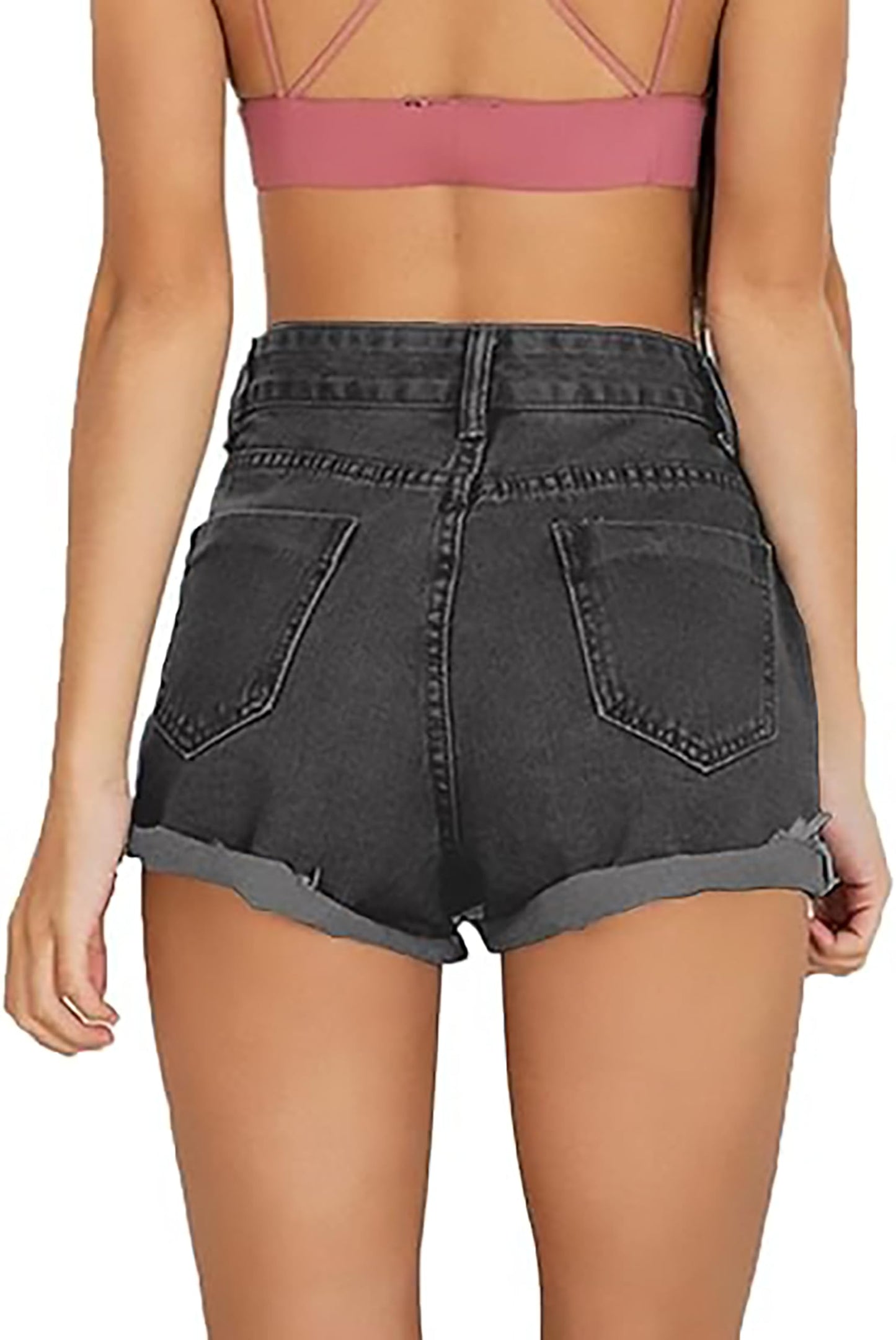 Cuihur Women's Summer Casual Jeans Ripped Denim Shorts High Waisted Rolled Hem Distressed Short Jeans a-Black Grey XL
