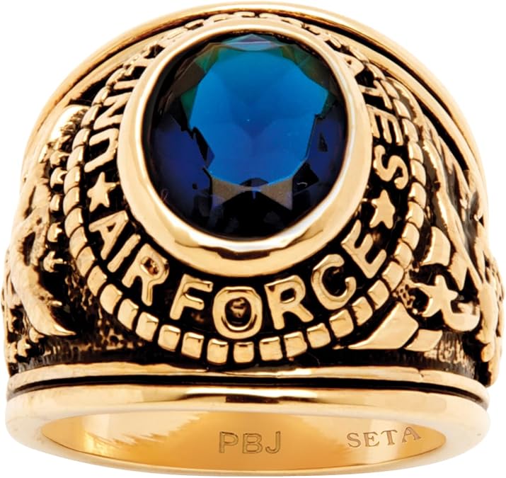 Palm Beach Jewelry Men's 14K Yellow Gold Plated Antiqued Oval Cut Simulated Blue Sapphire United States Air Force Ring