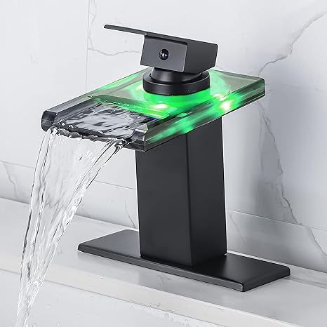 LED Bathroom Sink Faucet - Matte Black Single Hole or 4 Inch Centerset Waterfall Faucet with Glass Spout and Temperature-Sensitive LED Lights, Includes Deck Plate