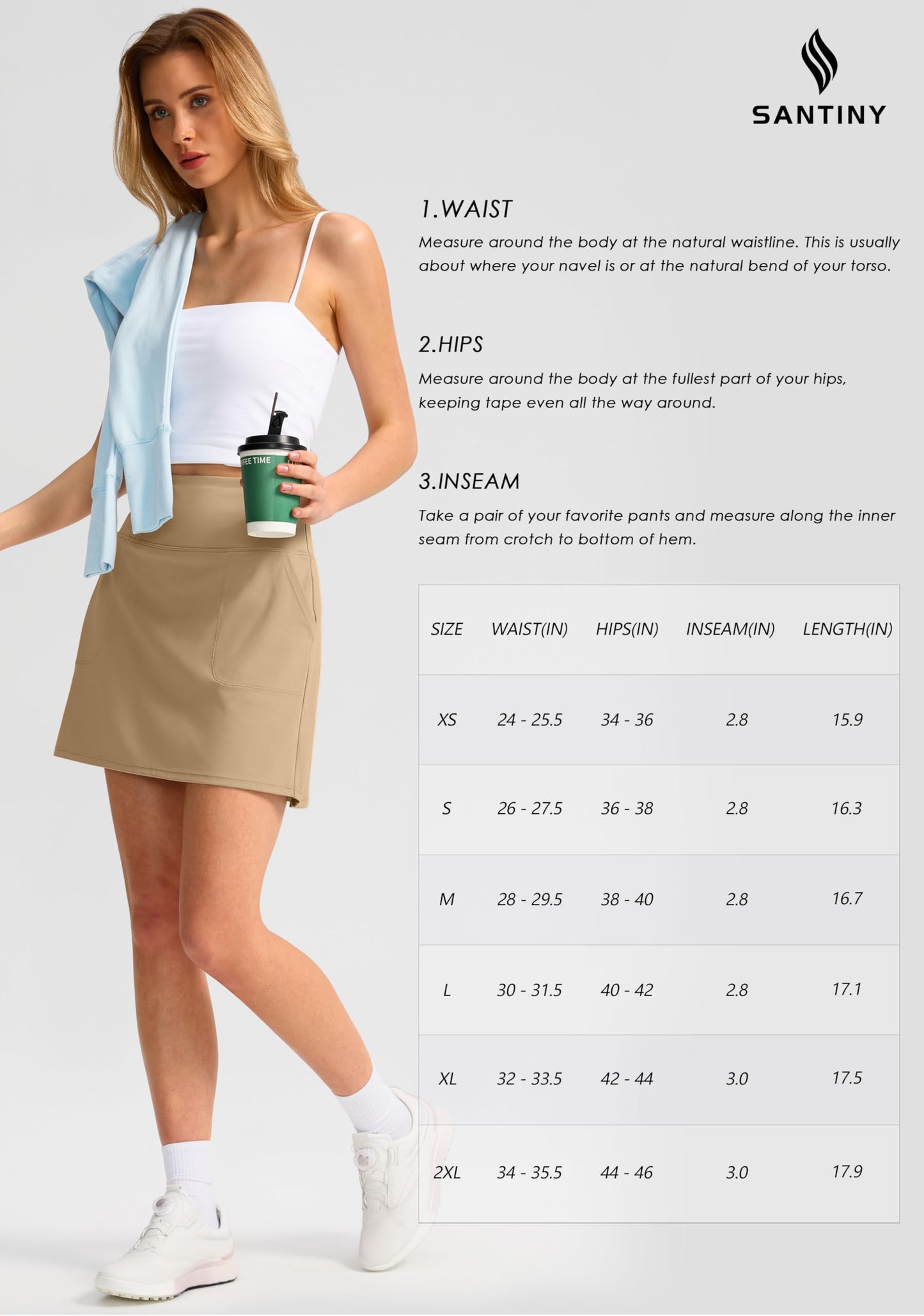 SANTINY 16" Golf Skorts Skirts for Women with 4 Pockets Women's High Waisted Stretchy Tennis Skirt Athletic Skort (Light Khaki_M)