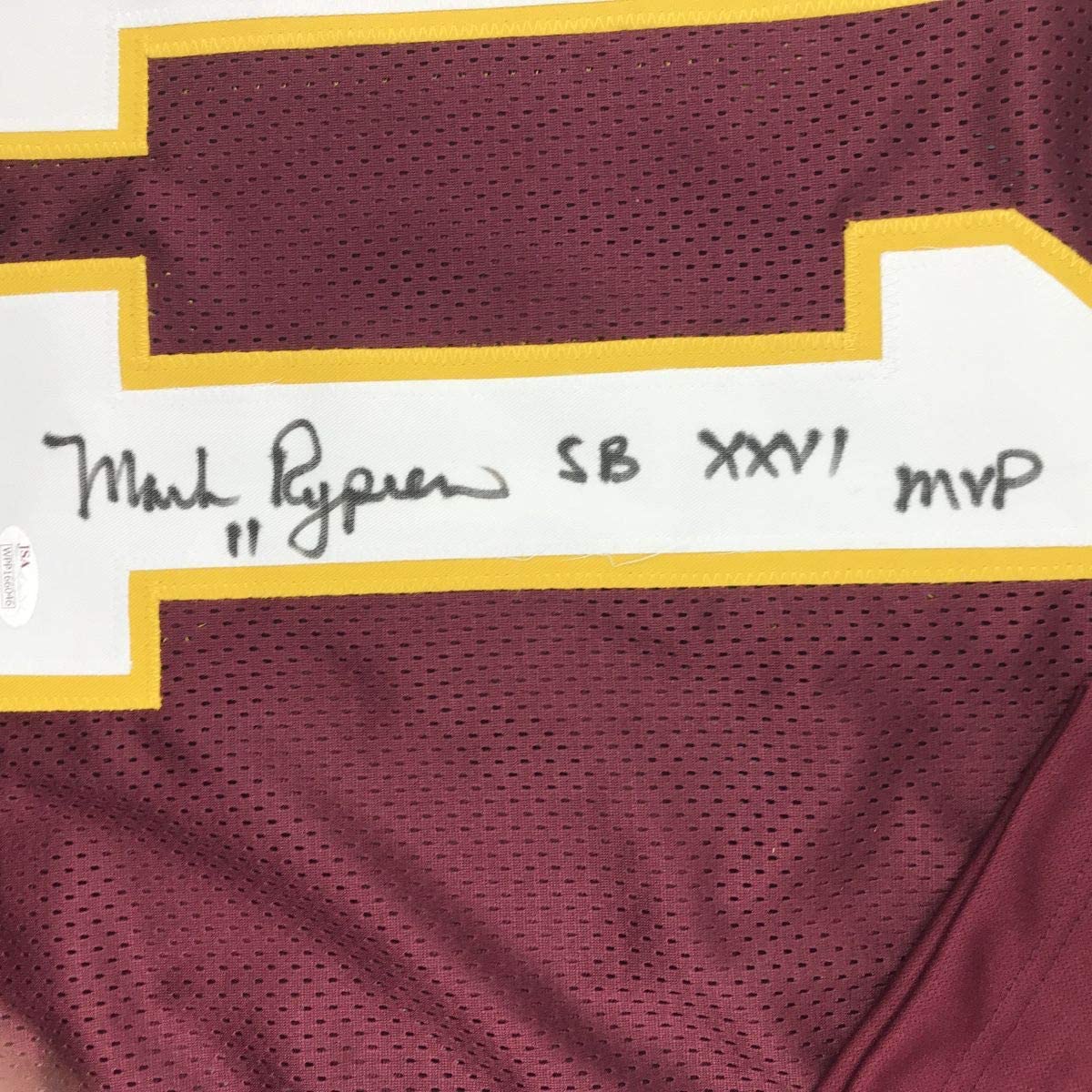Framed Autographed/Signed Mark Rypien SB XXVI MVP 35x39 Washington Burgundy Football Jersey JSA COA