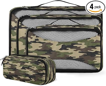 4 Set Packing Cubes Military Camo Camouflage Travel Accessories Mesh Organizer Bag Luggage Travel Essentials for Carry on Suitcases