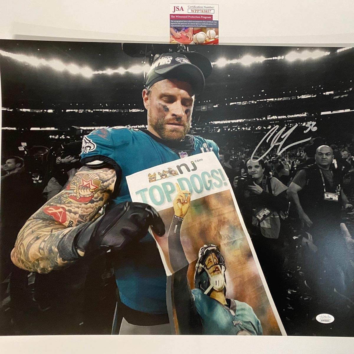 Autographed/Signed Chris Long Philadelphia Eagles Super Bowl LII 52 Champions 16x20 Football Photo JSA COA