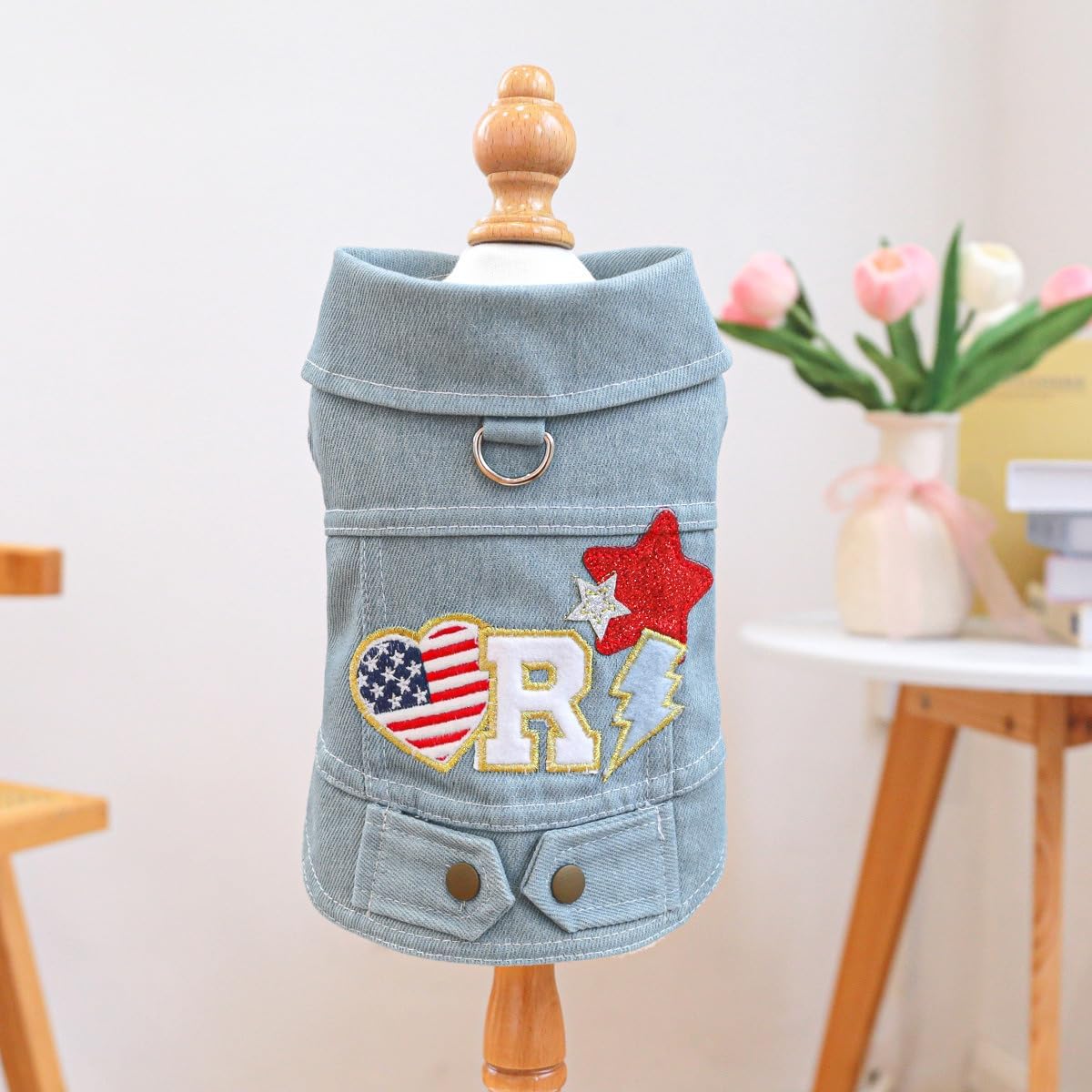 Denim Dog Vest Jacket with Patches & Snap Buttons