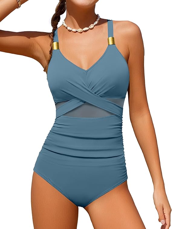 Girls Swimsuit Criss Cross One Piece Swimsuits Wrap Tie Back Sheer Mesh Bathing Suit with Gold Metal Swimwear 9-16Y