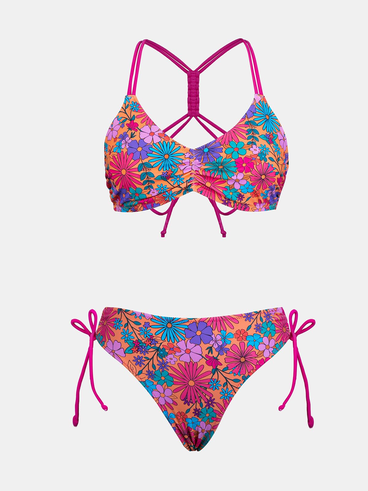 CUPSHE Women's 2 Piece Bikini Set Back Braided Straps with Reversible Bottom M, Magenta/Ditsy