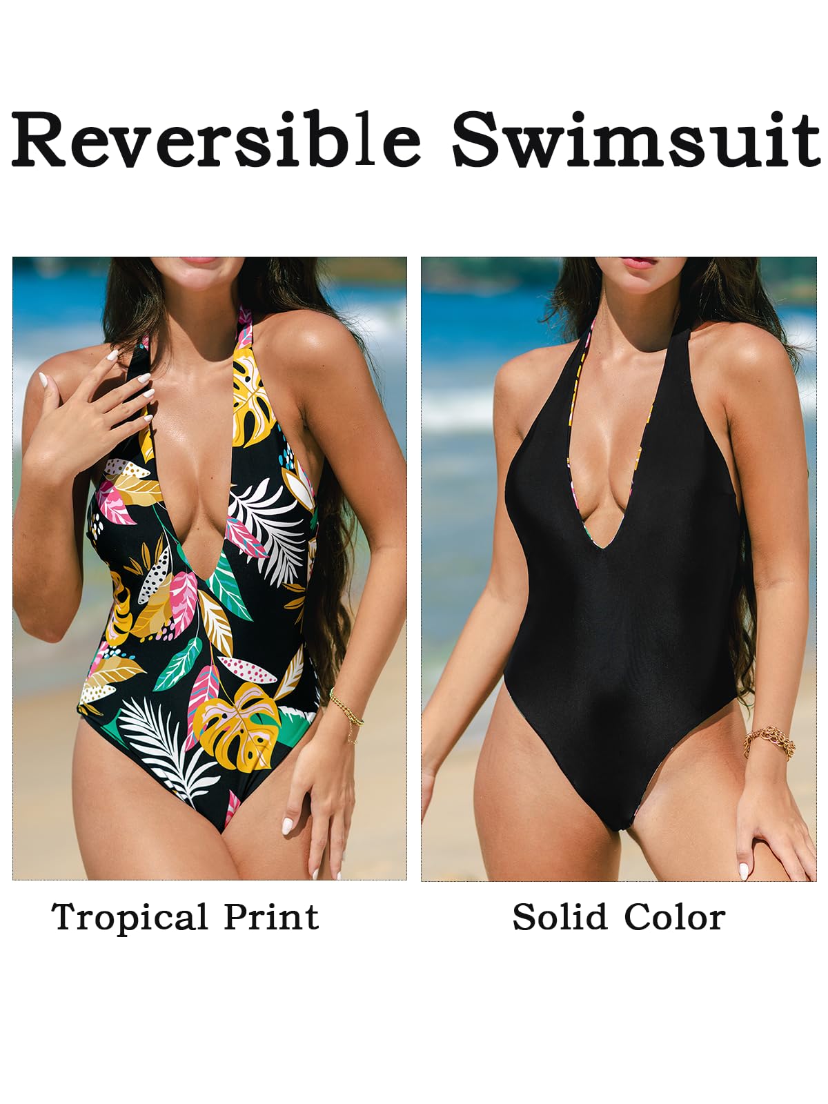 CUPSHE Women's One Piece Swimsuit Reversible Bathing Suit Halter Deep V Neck Swimwear M Black/Floral