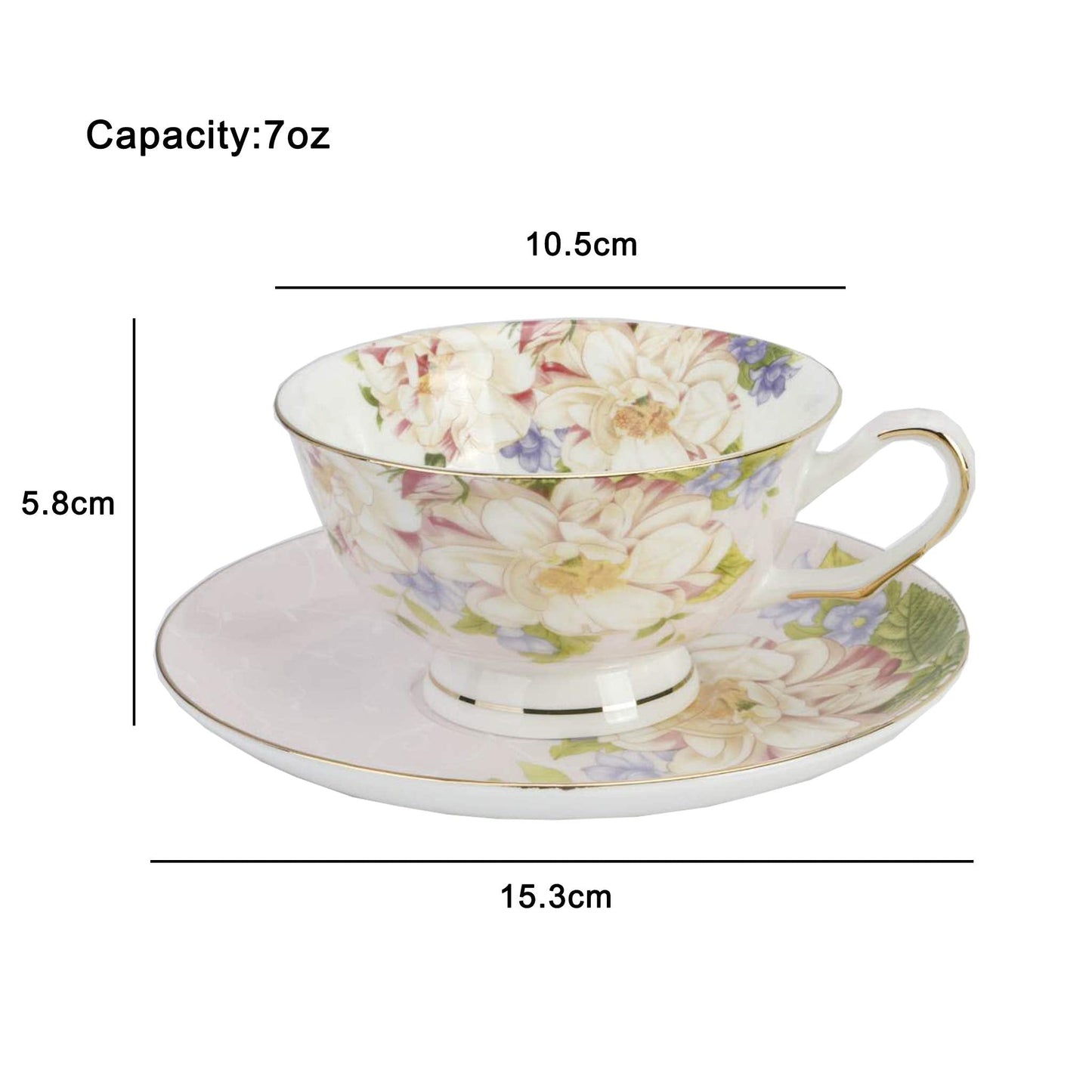 Pink Floral Tea Cup and Saucer Set, Bone China Tea Set, Coffee Cup, 7oz.