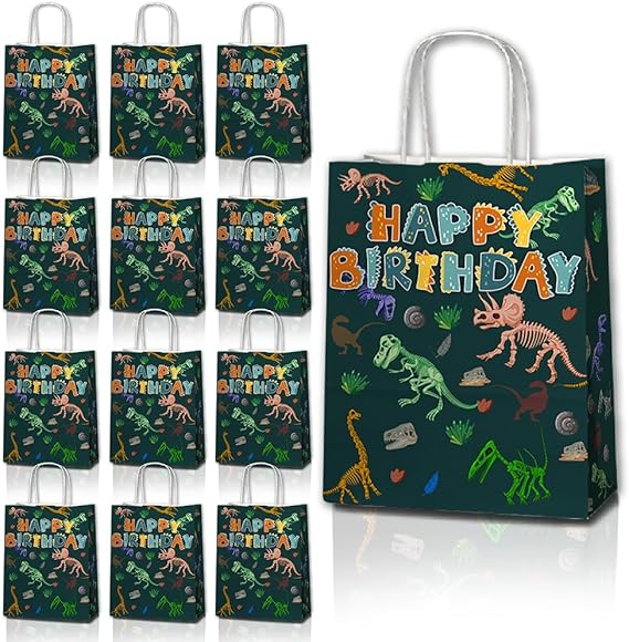 24 Pcs Dinosaur Party Favor Bags with Handles - T rex Goodie Bags Gift Bags. Dino Theme Candy Bags for Kids Boys, Kraft Paper Bags for Birthday Party Supplies, and Baby Shower Decorations.
