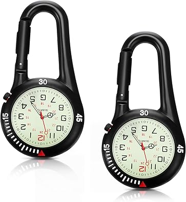 Hicarer 2 Pieces Clip on Quartz Watch Backpack Fob Belt Glow in The Dark Unisex Pocket Watch with White Dial for Doctors Nurses Outdoor Activities