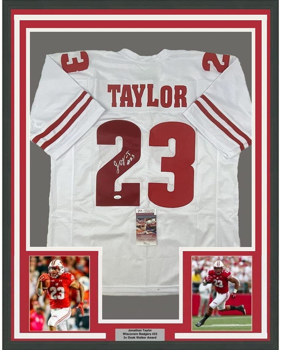 Autographed/Signed Jonathan Taylor Wisconsin White College Football Jersey JSA COA