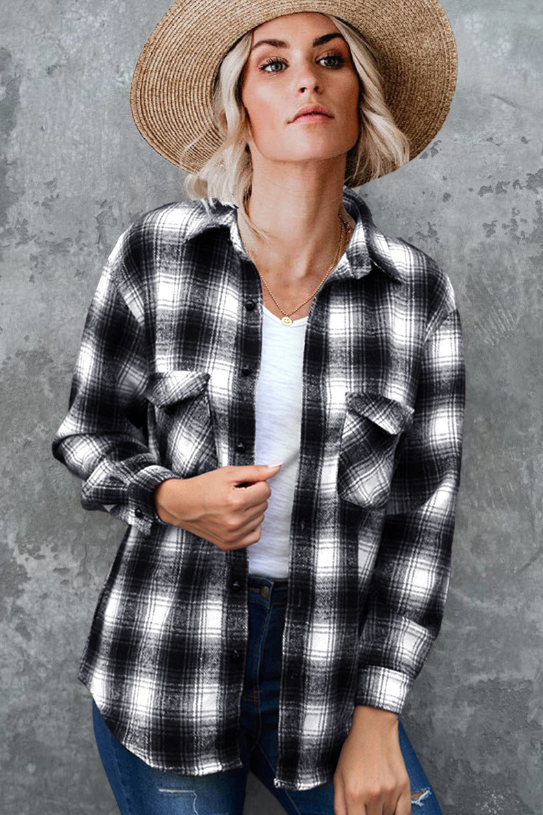 Oversized Plaid Shirt Jacket - Mid-Length Button Up Polyester Blend