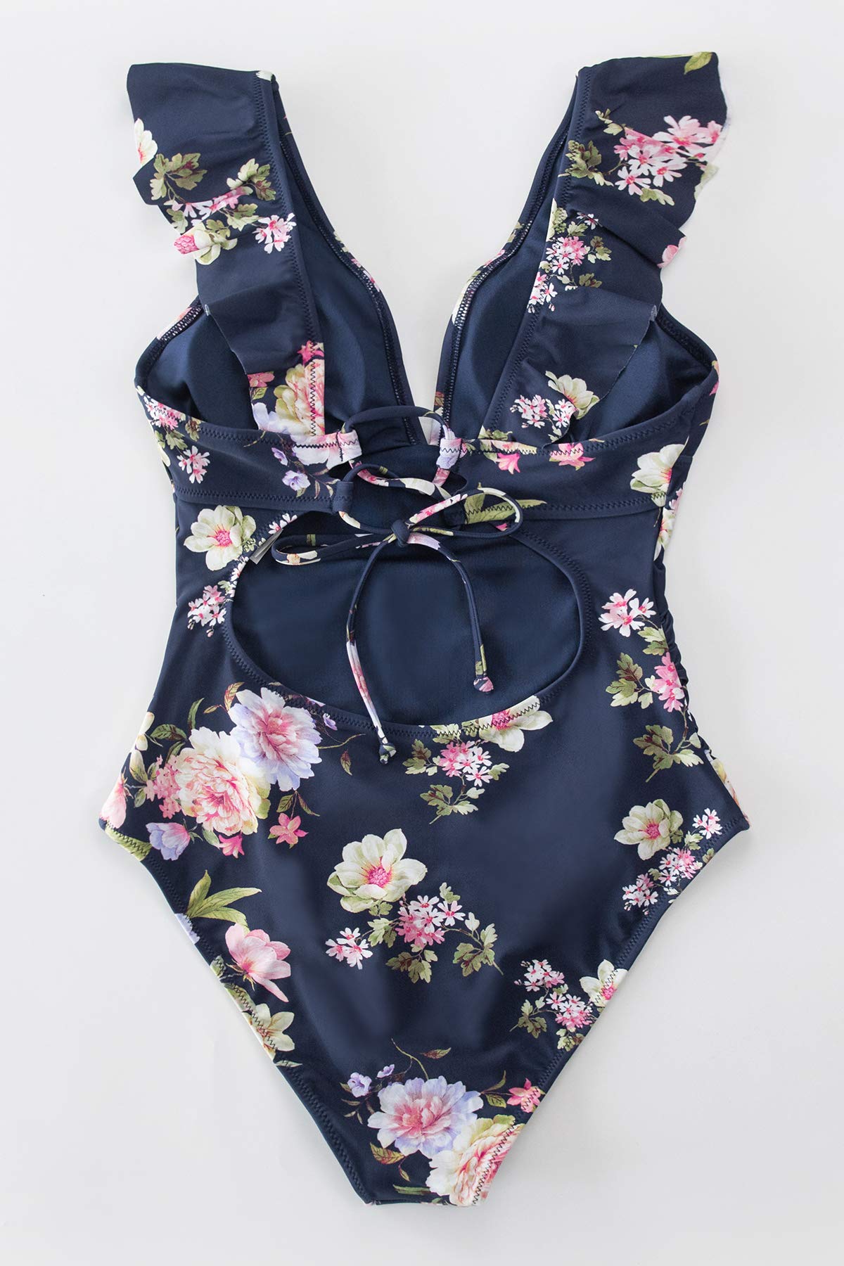 CUPSHE Women's One Piece Swimsuit Ruffle V Neck Lace Up Bathing Suit, M Navy Floral