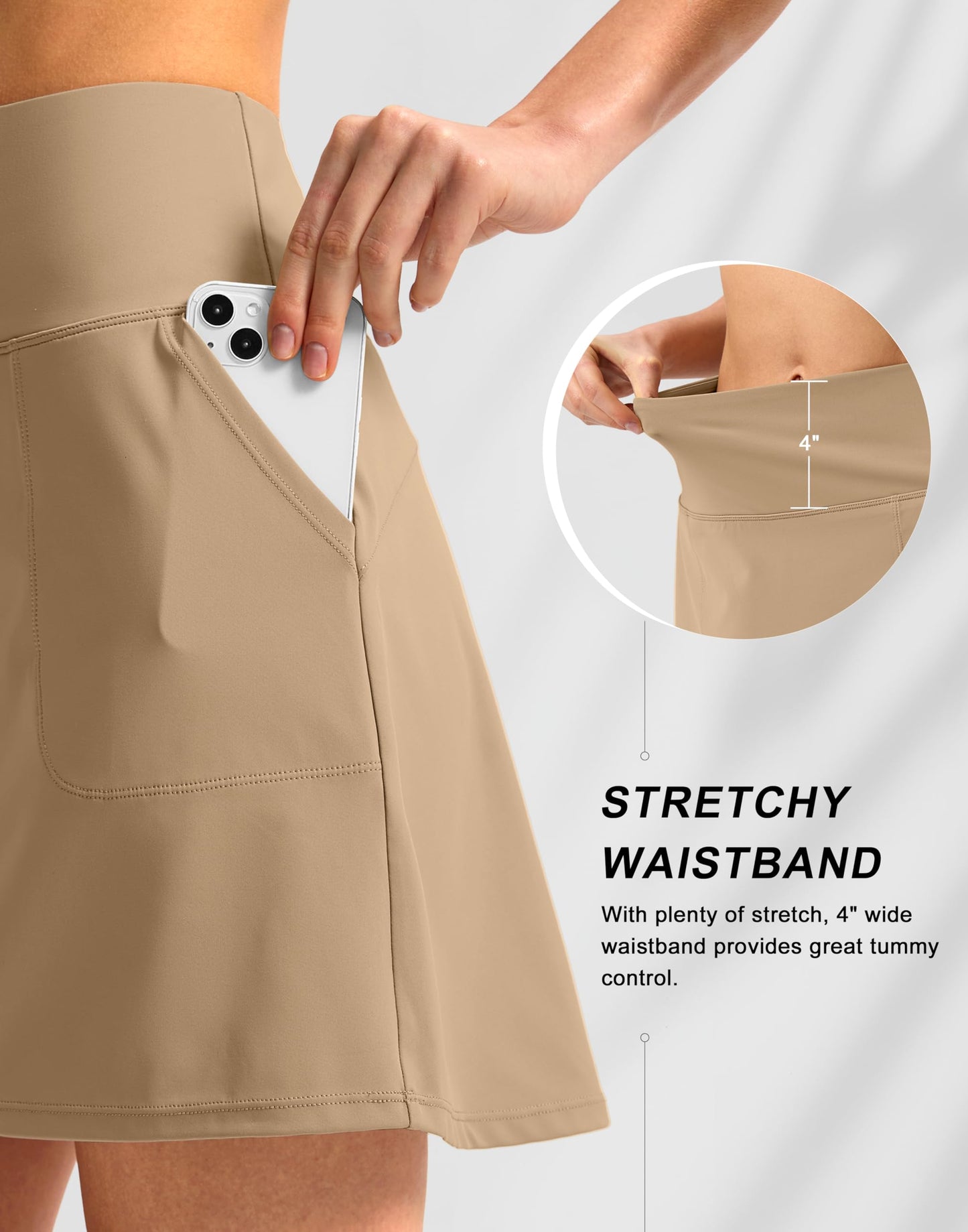 SANTINY 16" Golf Skorts Skirts for Women with 4 Pockets Women's High Waisted Stretchy Tennis Skirt Athletic Skort (Light Khaki_M)