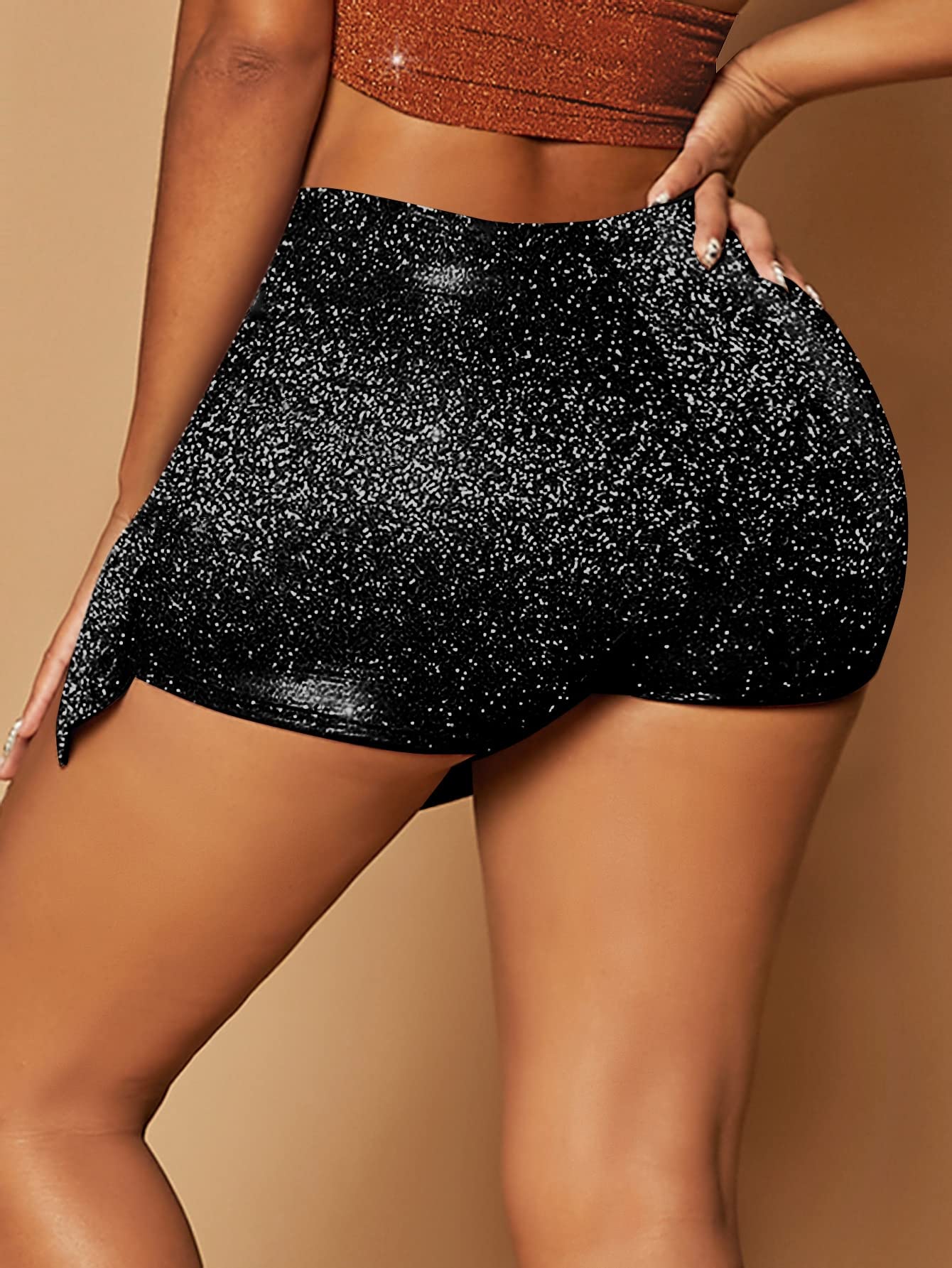 WDIRARA Women's High Waisted Glitter Skort Asymmetrical Wrap Split Hem Bodycon Party Club Skirt Shorts Sequin Black XL