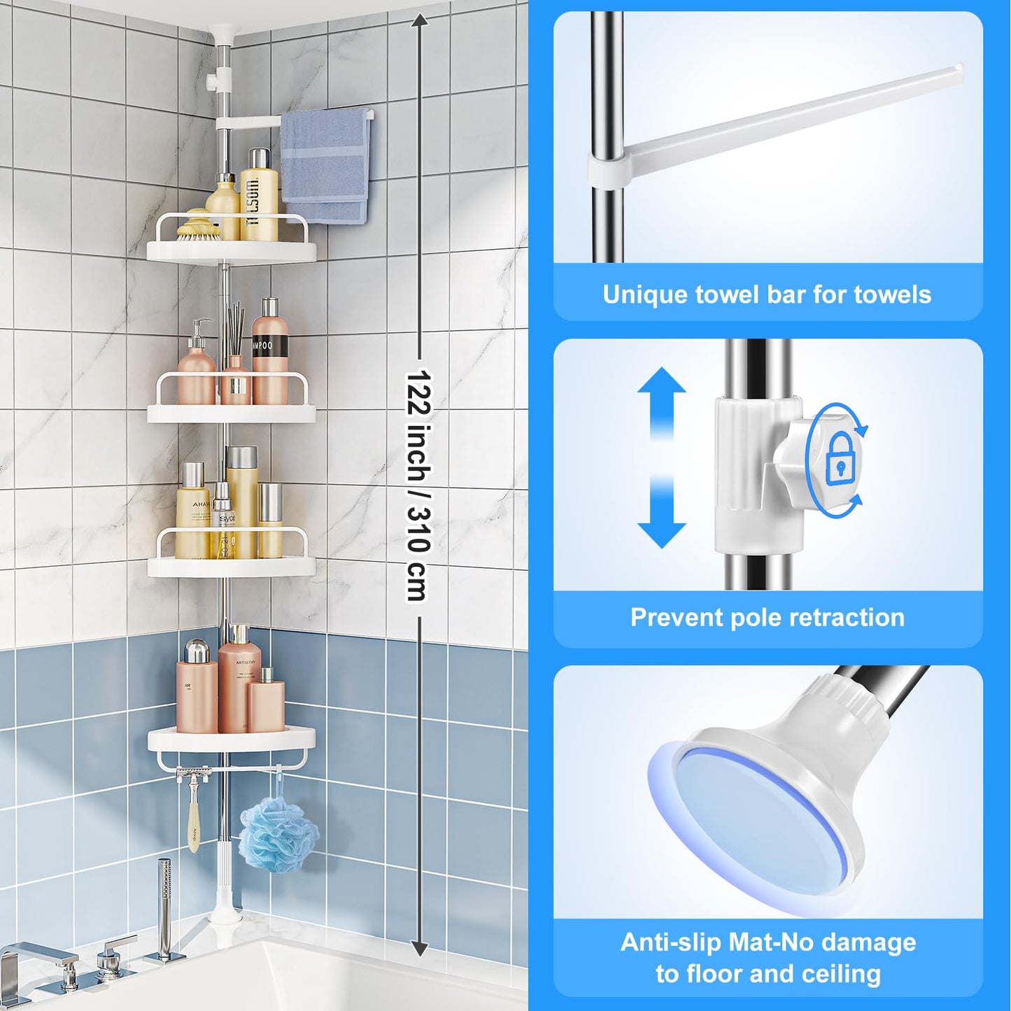 Corner Shower Tension Pole: Adjustable Stainless Steel Organizer 4 Tier Shelf