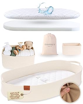 Baby Changing Basket with Diaper Caddy - Beige Moses Basket for Babies - Cotton Rope Diaper Changing Basket - Baby Diaper Changing Pad for Dresser - Changing Table Topper for Dresser - Toodly