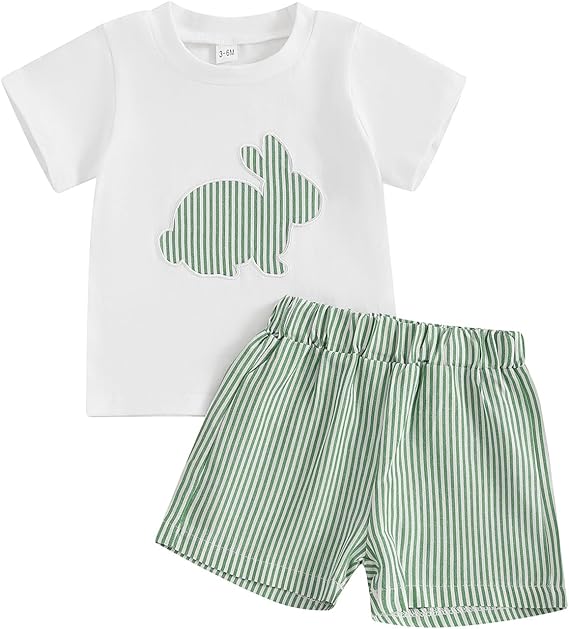 Lamuusaa Toddler Baby Boy Easter Outfit Short Sleeve Bunny/Truck Carrot T-shirt Stripe/Plaid Shorts 2Pcs Summer Clothes 3M-3T