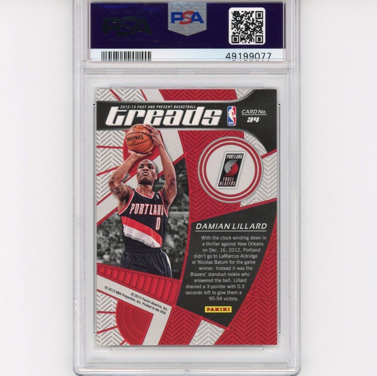 Graded 2012-13 Panini Past & Present Damian Lillard #34 Treads Rookie RC Basketball Card PSA 10 Gem Mint
