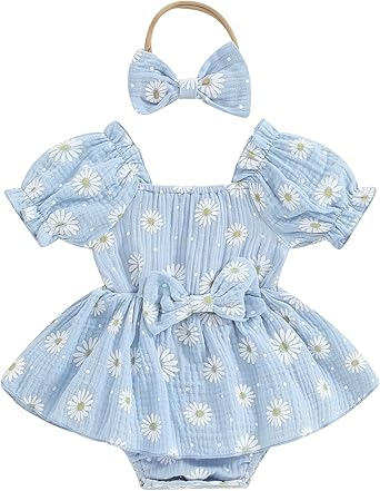 Baby Girls Daisy Romper Bowknot Bodysuit+Headband Short Sleeve Playsuits Floral Jumpsuit Infant Summer Clothes