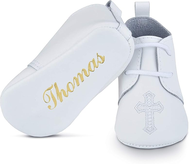 BabyShoe Personalized Christening - Baptism Leather Shoes for Baby Boys & Girls with Hand Embossed Name & Date ‰ÛÒ Newborn Shoes for Special Occasions ‰ÛÒ Great Gift Idea ‰ÛÒ White